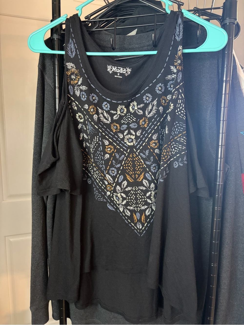 Mudd Black Cold-Shoulder Tank with Blue and Gold Floral Embroidery